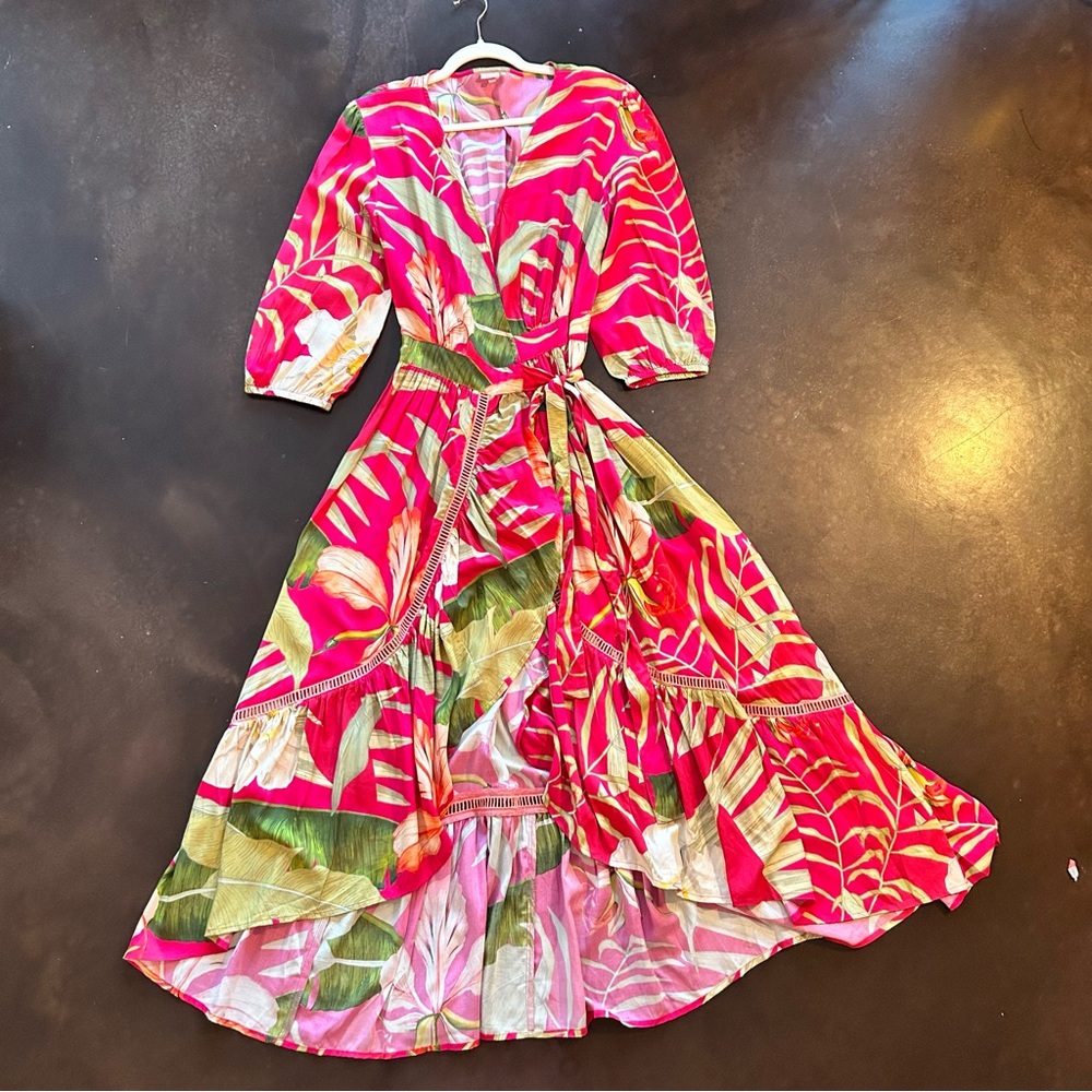 Powder- delicate tropical dark rose wrap dress- fuschia pink- size medium